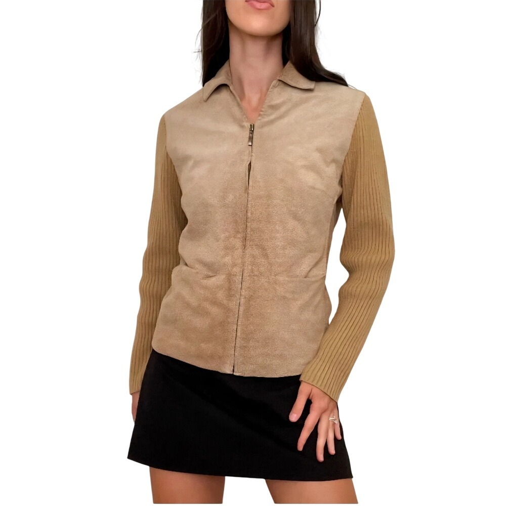 AMI Leather Suede Ribbed Sweater Knit Sleeve Moto Jacket Women's Size Medium
